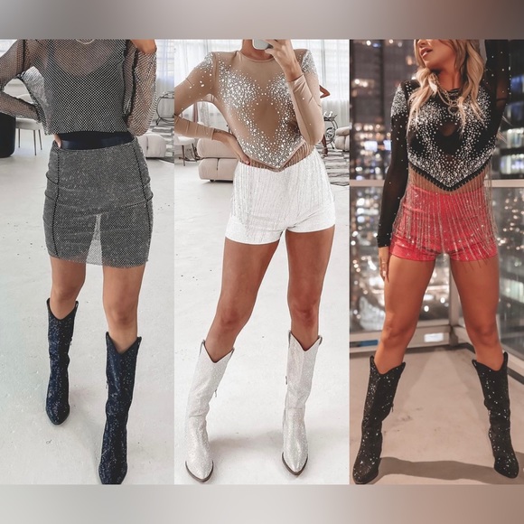 NEW Silver Knee High Western Style Bedazzled Cowboy Boots - Picture 8 of 15